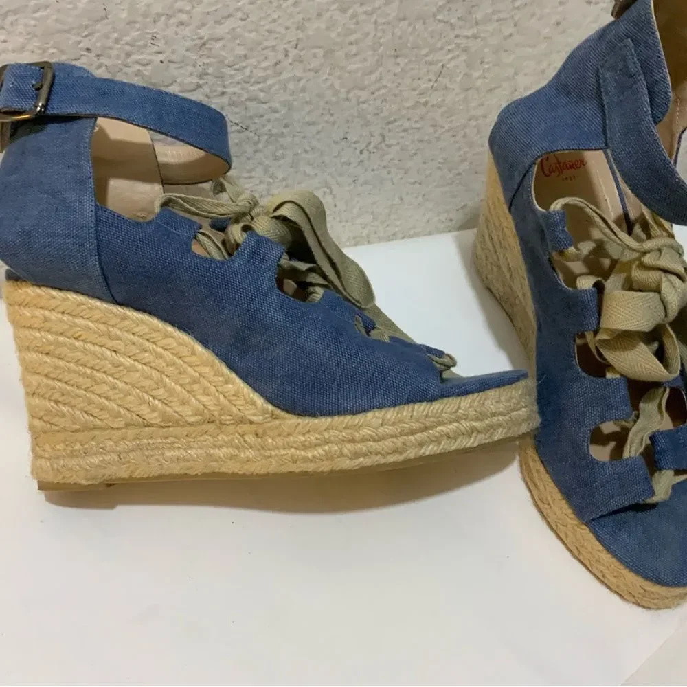 Castaner Leather lace up Denim look platform Wedge Espadrille Sandals 39